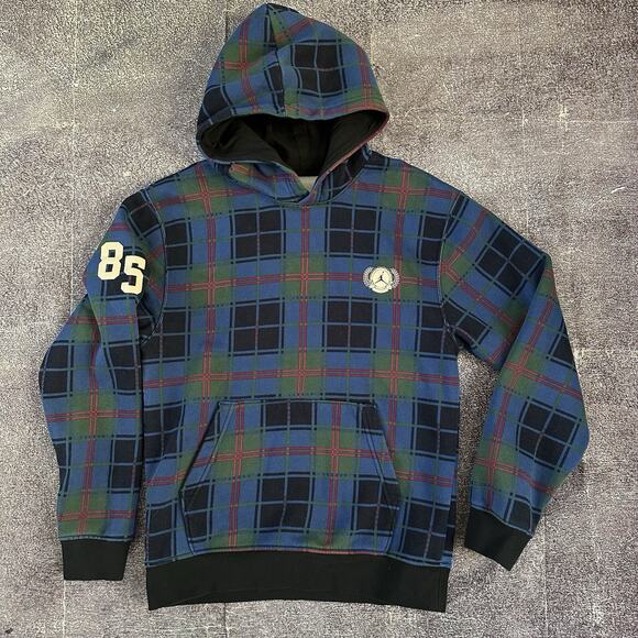 Men's Nike Air Jordan Essential Plaid Blue Red Holiday Hoodie Sweatshirt Sz S - Picture 1 of 3
